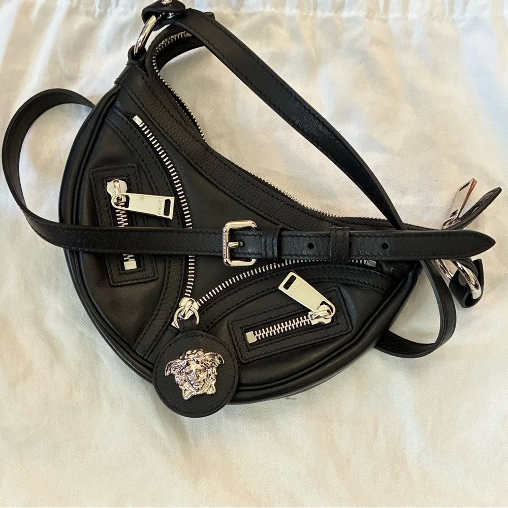 Versace New Black Italian Leather Shoulder mini Hobo Bag w Silver Medusa Charm - Picture 2 of 10